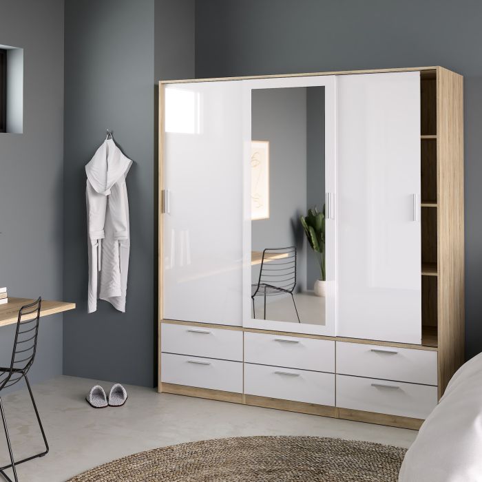 Line Wardrobe 3 Doors 6 Drawers in Oak with White High Gloss