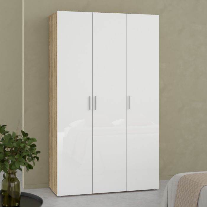Pepe Wardrobe with 3 Doors in Oak with White High Gloss
