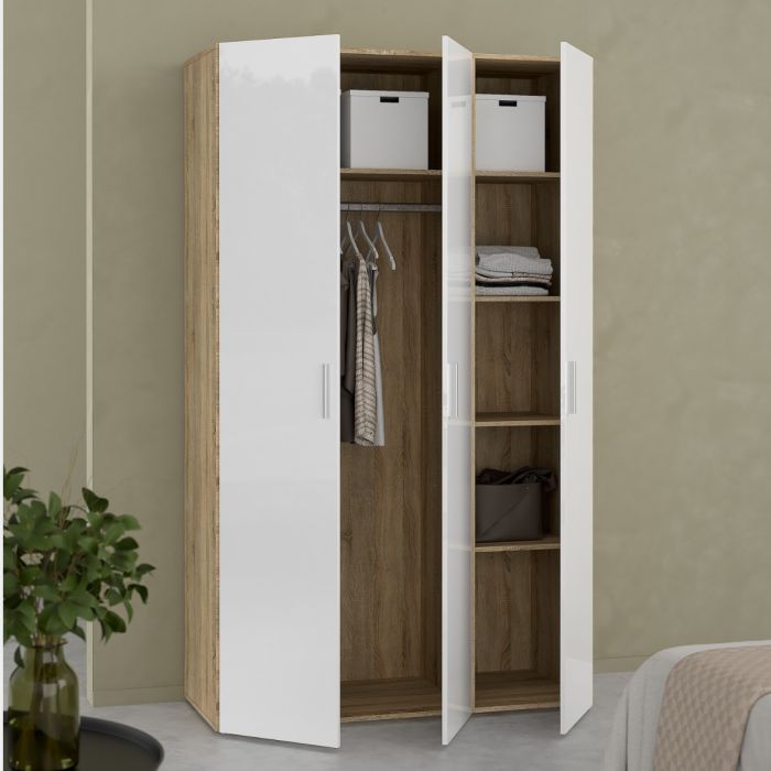 Pepe Wardrobe with 3 Doors in Oak with White High Gloss
