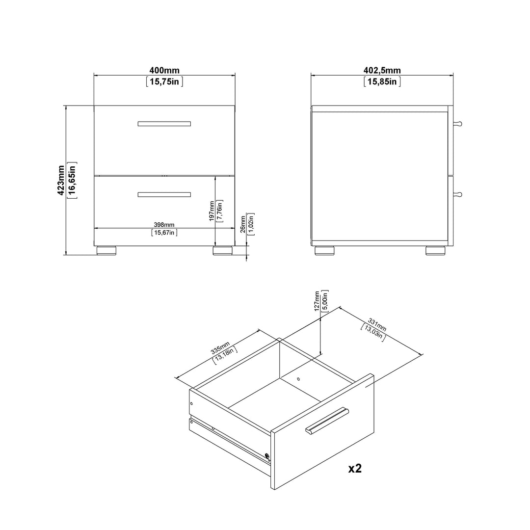 Pepe Package - Bedside 2 Drawers + Chest of 4 Drawers + Wardrobe with 2 Doors in Oak with White High Gloss
