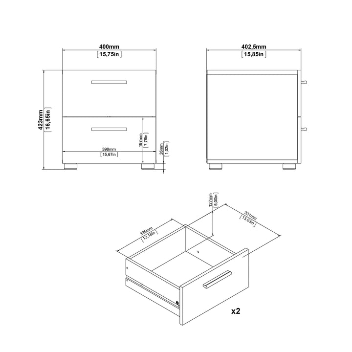 Pepe Package - Bedside 2 Drawers + Chest of 4 Drawers + Wardrobe with 2 Doors in Oak with White High Gloss