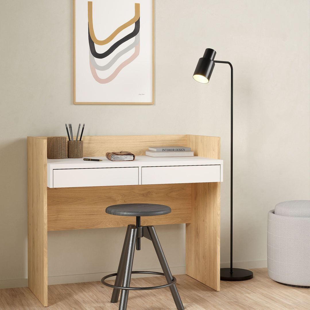Function Plus Desk with 2 Drawers in Oak and White
