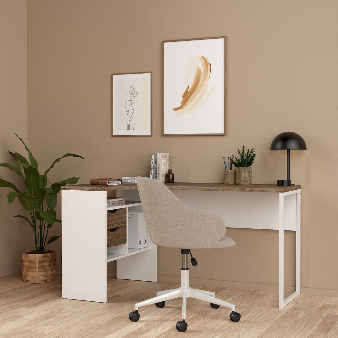 Function Plus Corner Desk White and Truffle Oak 2 Drawers