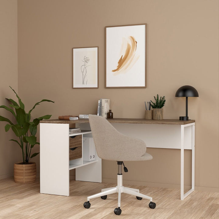 Function Plus Corner Desk White and Truffle Oak 2 Drawers