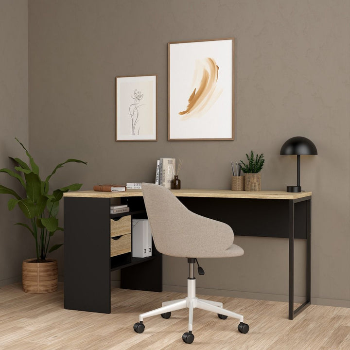 Function Plus Corner Desk with 2 Drawers in Black and Oak