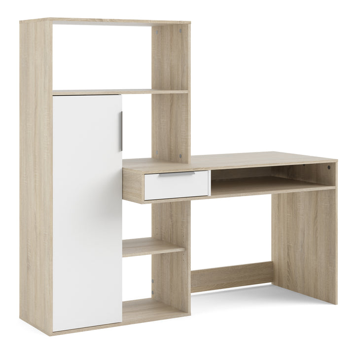 Function Plus Desk White and Oak with Drawer and Cupboard