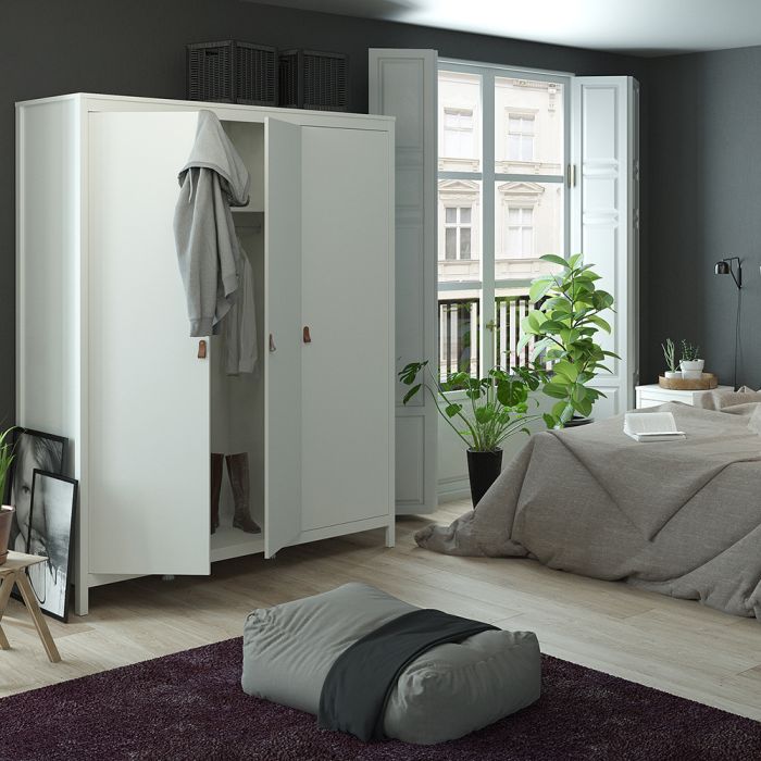 Barcelona 3 Piece Bedroom Furniture Package – 2 Drawer Bedside, 5 Drawer Chest & 2 Door Wardrobe in White