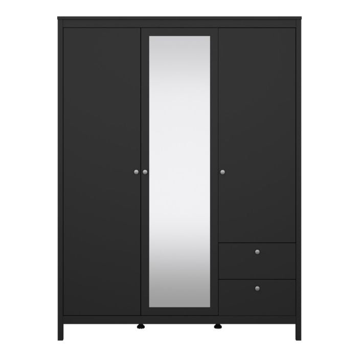 Madrid Wardrobe with 2 Doors 1 Mirror Door 2 Drawers Matt Black