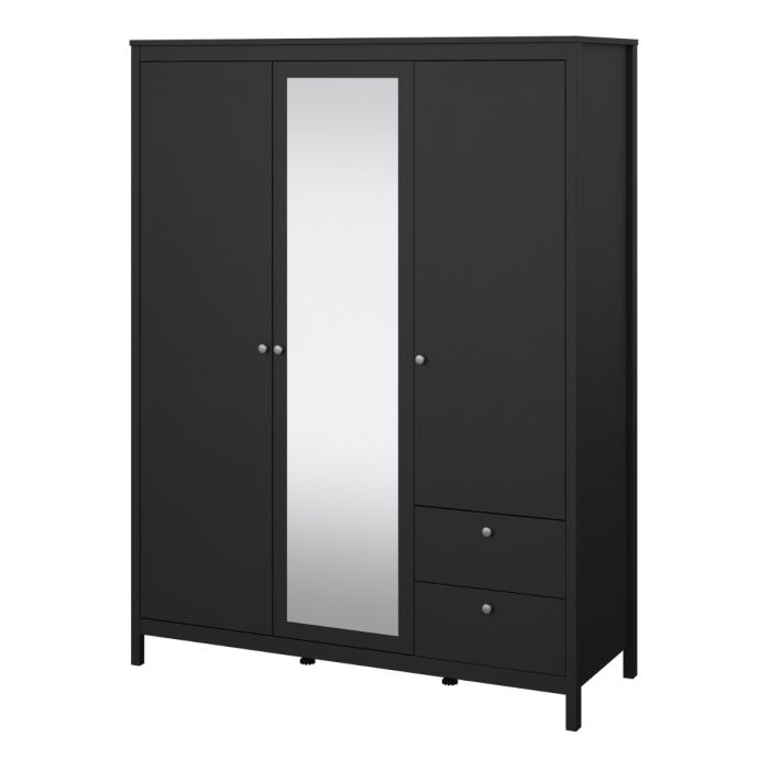 Madrid Wardrobe with 2 Doors 1 Mirror Door 2 Drawers Matt Black