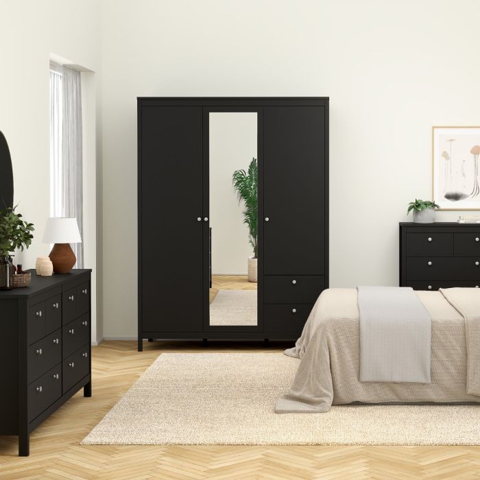 Madrid Wardrobe with 2 Doors 1 Mirror Door 2 Drawers Matt Black