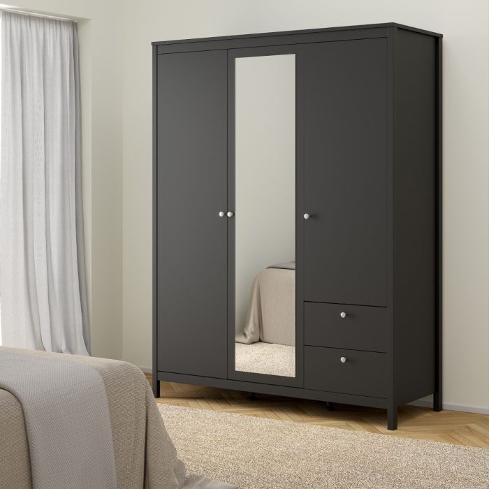 Madrid Wardrobe with 2 Doors 1 Mirror Door 2 Drawers Matt Black