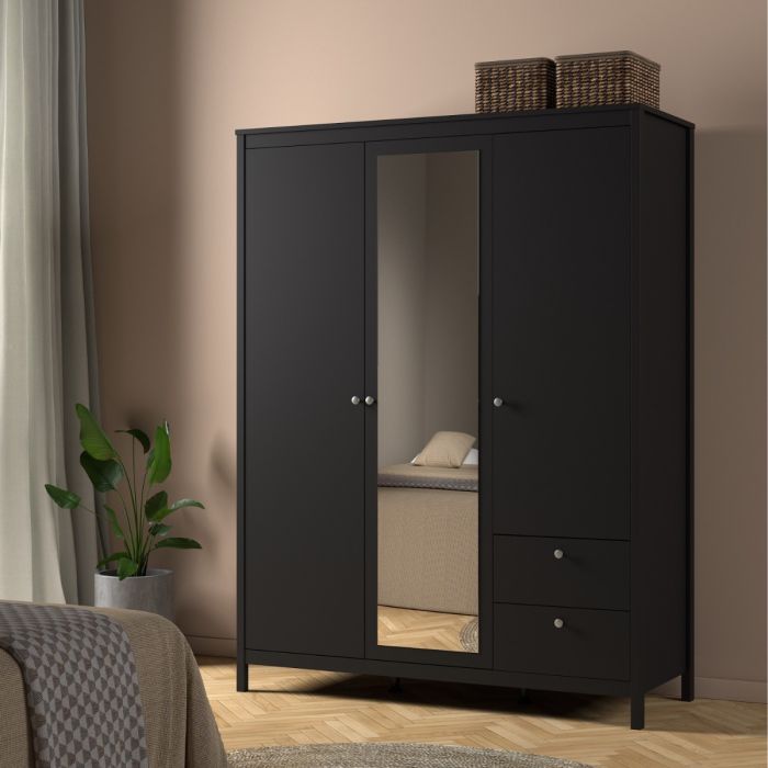 Madrid Wardrobe with 2 Doors 1 Mirror Door 2 Drawers Matt Black