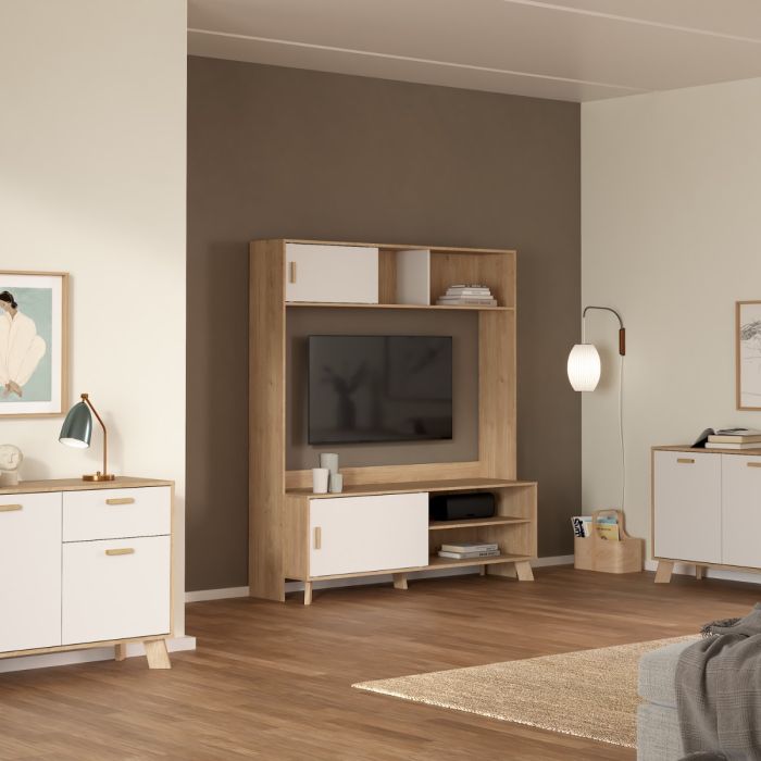 Ikast TV Wall Unit 2 Sliding Doors in Jackson Hickory and White