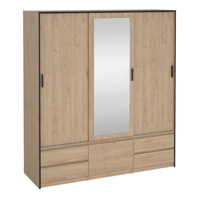 Line Wardrobe – 2 Sliding Doors & 1 Mirrored Sliding Door in Jackson Hickory Oak