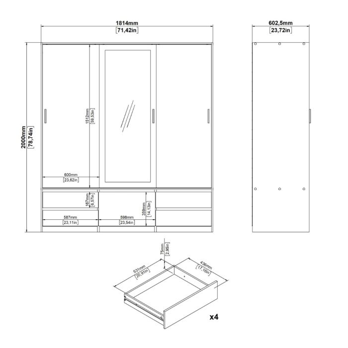 Line Wardrobe – 2 Sliding Doors & 1 Mirrored Sliding Door in Jackson Hickory Oak