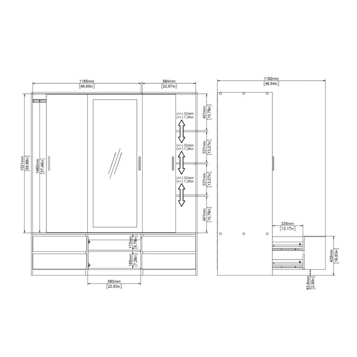 Line Wardrobe – 2 Sliding Doors & 1 Mirrored Sliding Door in Jackson Hickory Oak