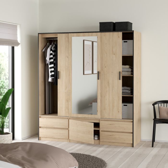Line Wardrobe – 2 Sliding Doors & 1 Mirrored Sliding Door in Jackson Hickory Oak