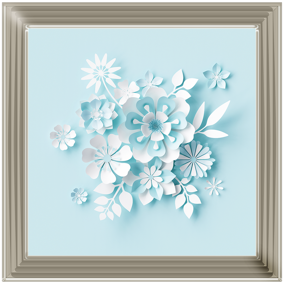 FL008 3D white paper flowers on blue background