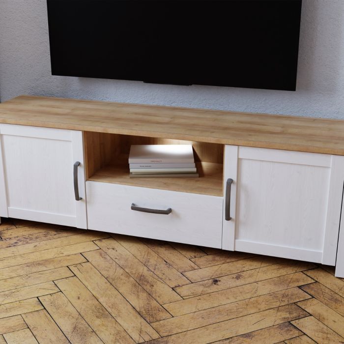 Bohol TV Unit with LED Lighting in White and Riviera Oak Finish