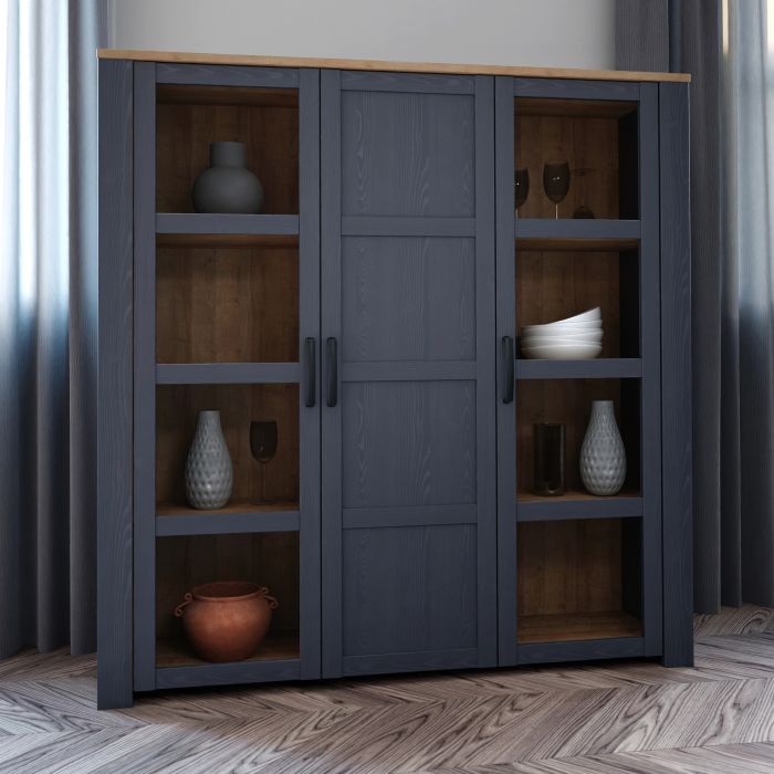 3 Door Large Display Cabinet in Navy & Riviera Oak – Bohol Collection