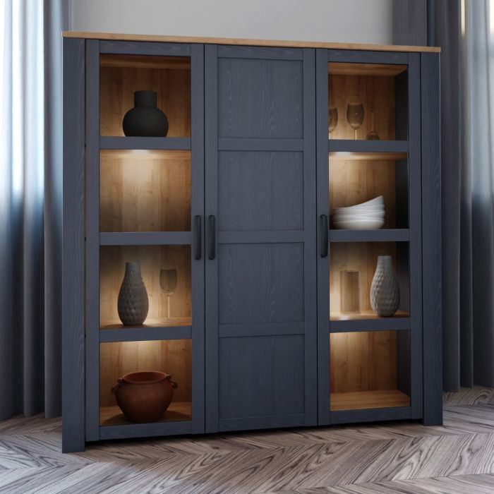 Large Display Cabinet with 4x LED Lights in Navy & Riviera Oak – Bohol Collection