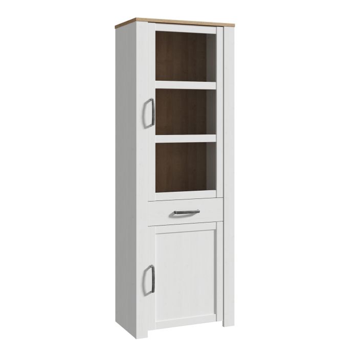 Bohol Narrow Display Cabinet with 2 Doors and 1 Drawer in White and Oak Finish