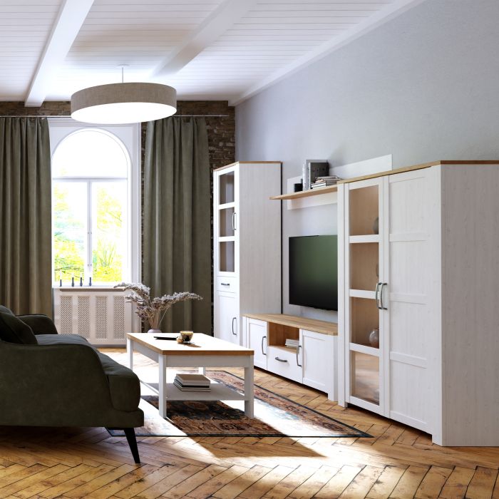 Bohol Narrow Display Cabinet with 2 Doors and 1 Drawer in White and Oak Finish