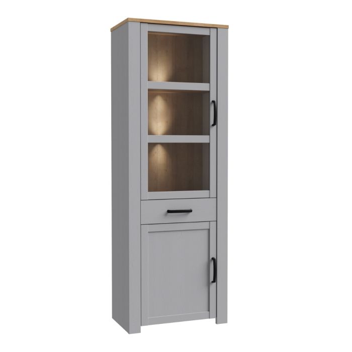 Bohol Narrow Display Cabinet with LED Lighting in Grey and Riviera Oak Finish
