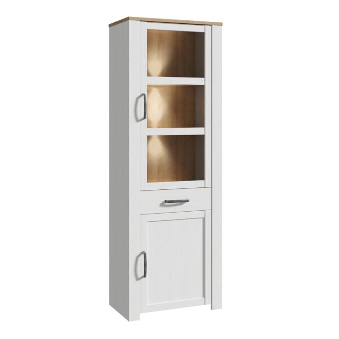 Bohol Narrow Display Cabinet with LED Lighting in White and Riviera Oak Finish