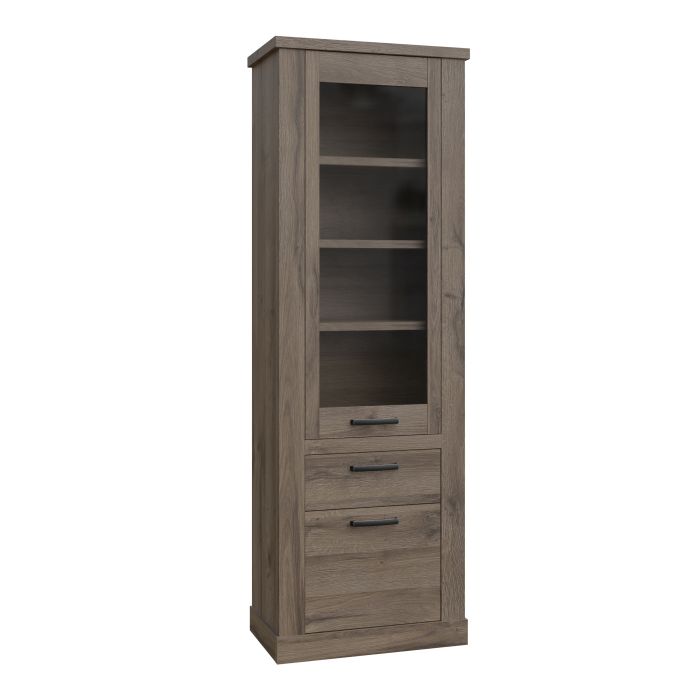 Corona Narrow Display Cabinet with 2 Doors, 1 Drawer and 3 Shelves in Tabak Oak Finish