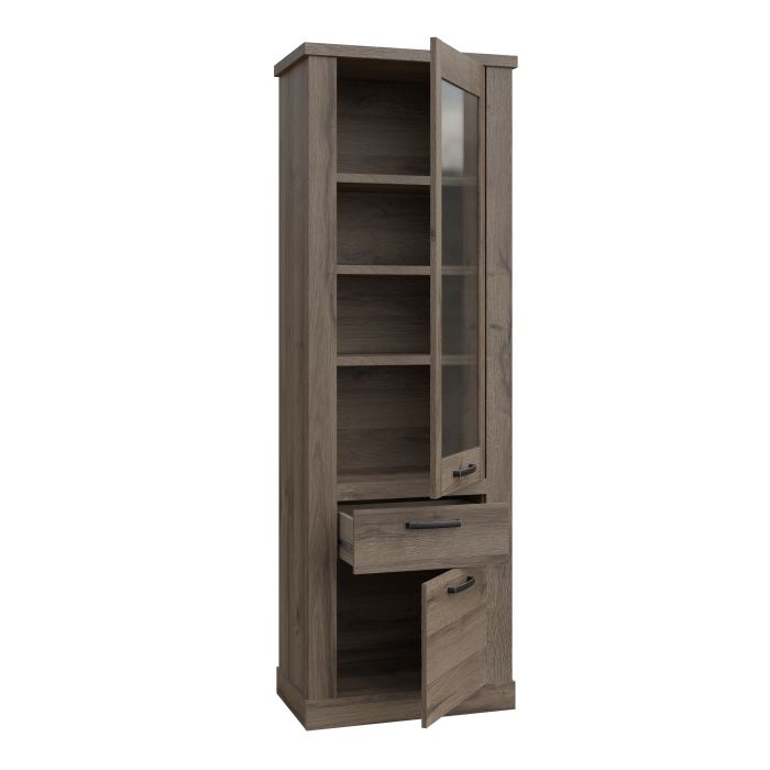 Corona Narrow Display Cabinet with 2 Doors, 1 Drawer and 3 Shelves in Tabak Oak Finish
