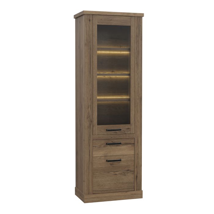 Corona Narrow Display Cabinet with 2 Doors, 1 Drawer and 3 Shelves in Tabak Oak Finish