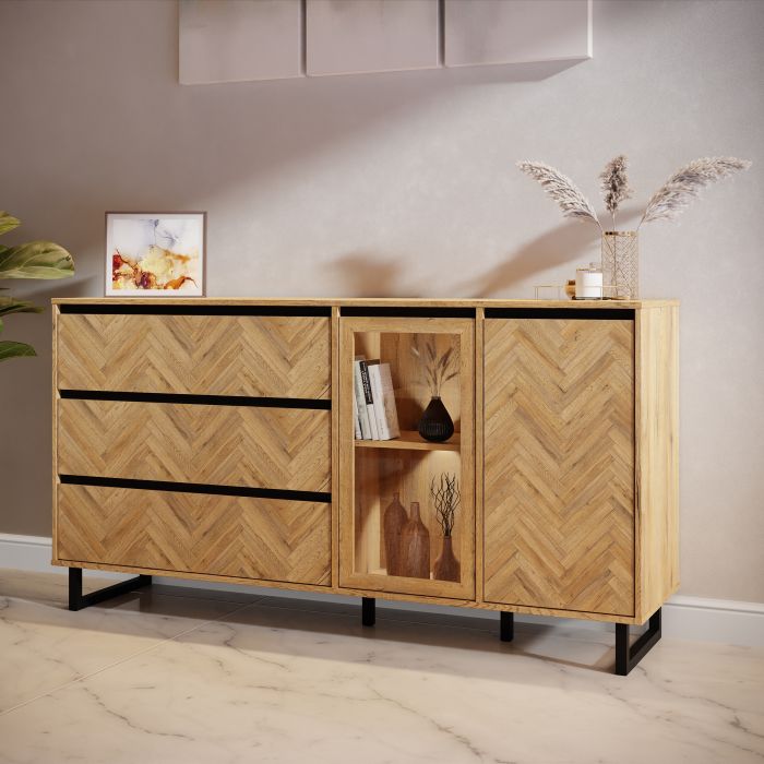 Nikomedes Modern Sideboard – Triple Oak & Matt Black Finish
