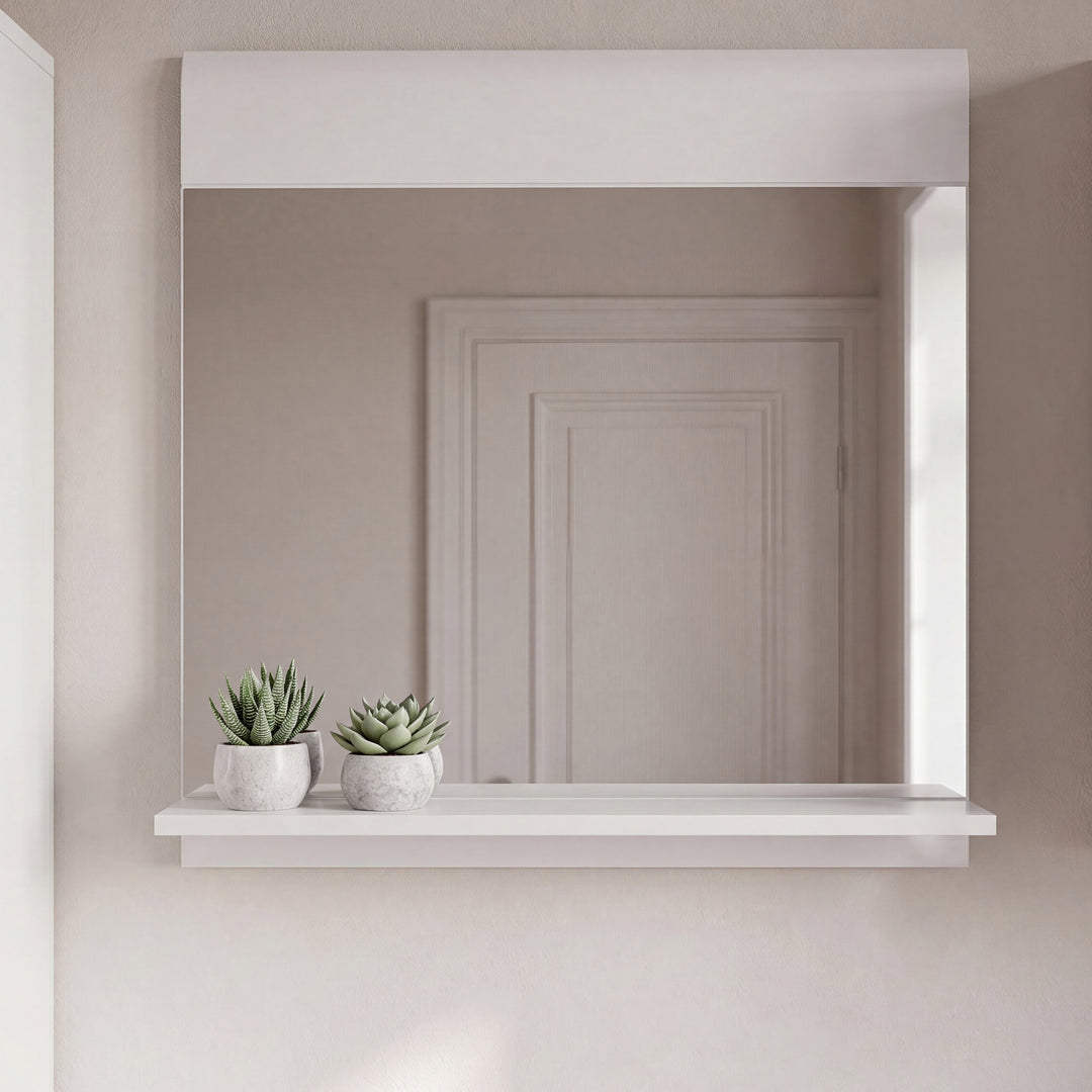 Ice Cave Mirror with Shelf in White with White High Gloss Front