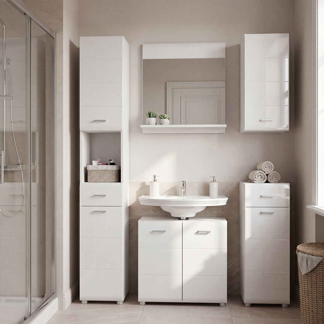 Ice Cave Mirror with Shelf in White with White High Gloss Front