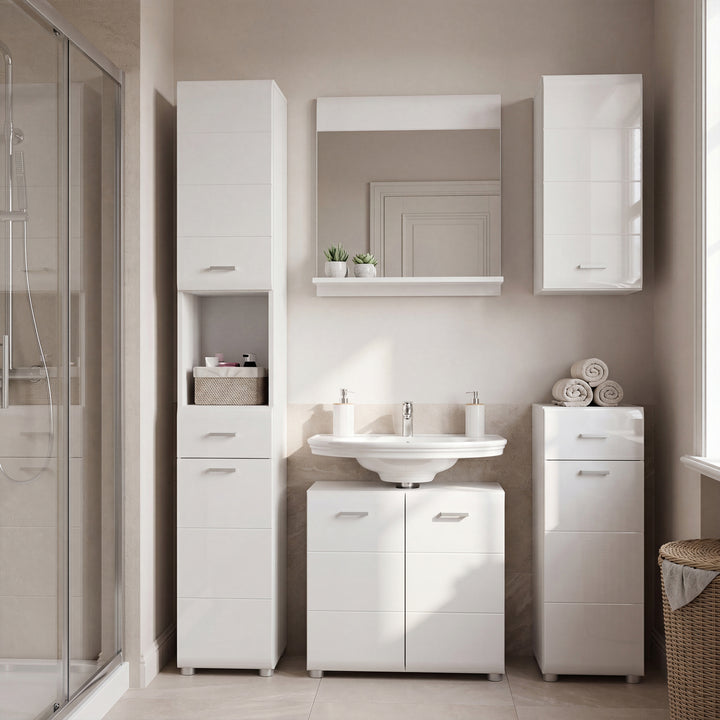 Ice Cave Mirror with Shelf in White with White High Gloss Front