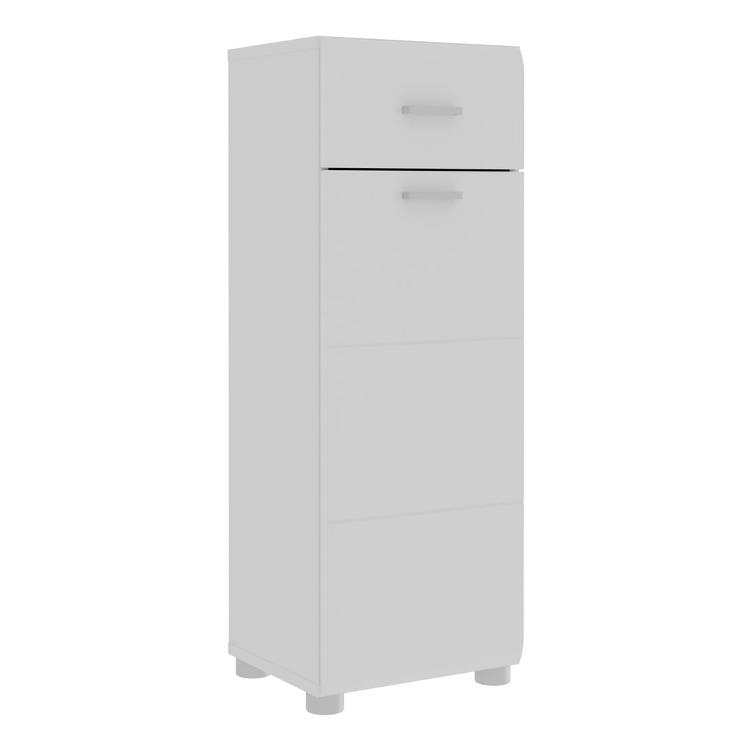 Ice Cave Bathroom Storage Cupboard with 1 Door & 1 Drawer with Silver Handles in White with White High Gloss Door