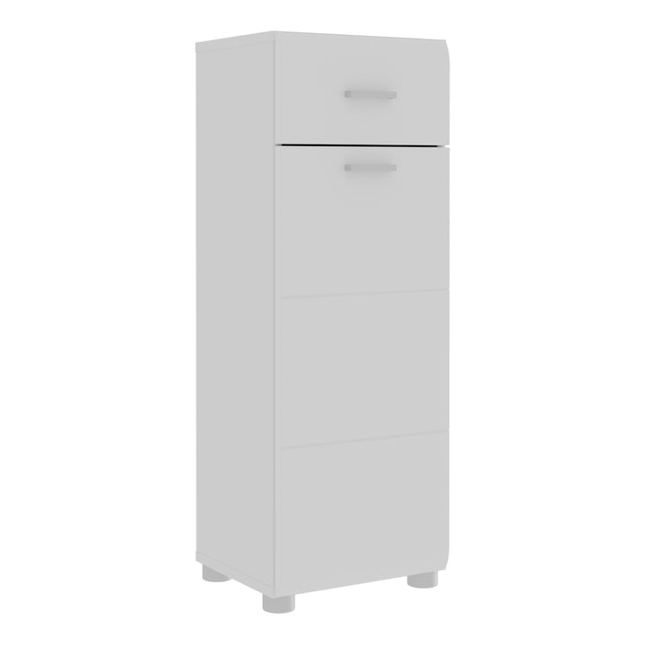 Ice Cave Bathroom Storage Cupboard with 1 Door & 1 Drawer with Silver Handles in White with White High Gloss Door