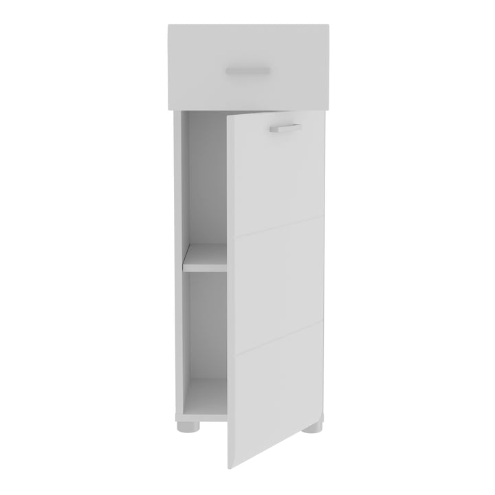 Ice Cave Bathroom Storage Cupboard with 1 Door & 1 Drawer with Silver Handles in White with White High Gloss Door