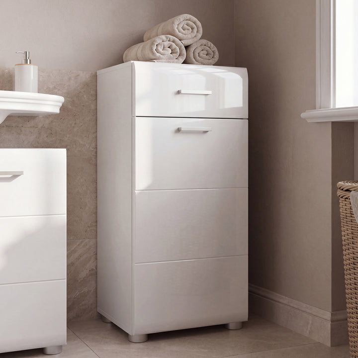Ice Cave Bathroom Storage Cupboard with 1 Door & 1 Drawer with Silver Handles in White with White High Gloss Door