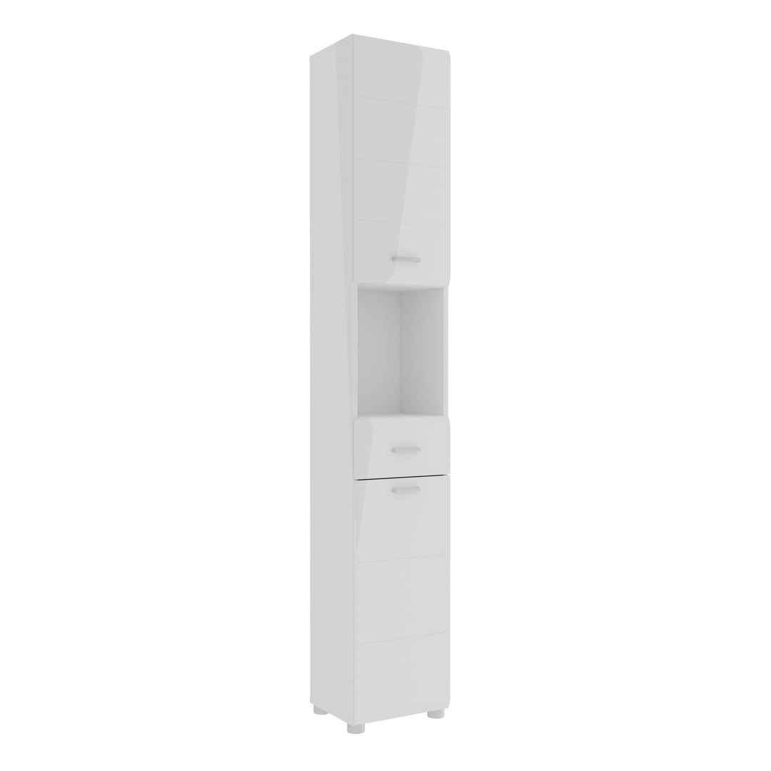 Ice Cave Narrow Bathroom Storage Cabinet with 2 Doors & 1 Drawer with Silver Handles in White with White High Gloss Fronts