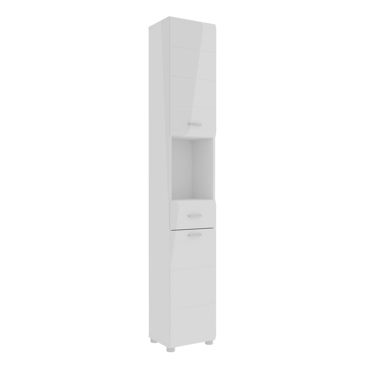 Ice Cave Narrow Bathroom Storage Cabinet with 2 Doors & 1 Drawer with Silver Handles in White with White High Gloss Fronts