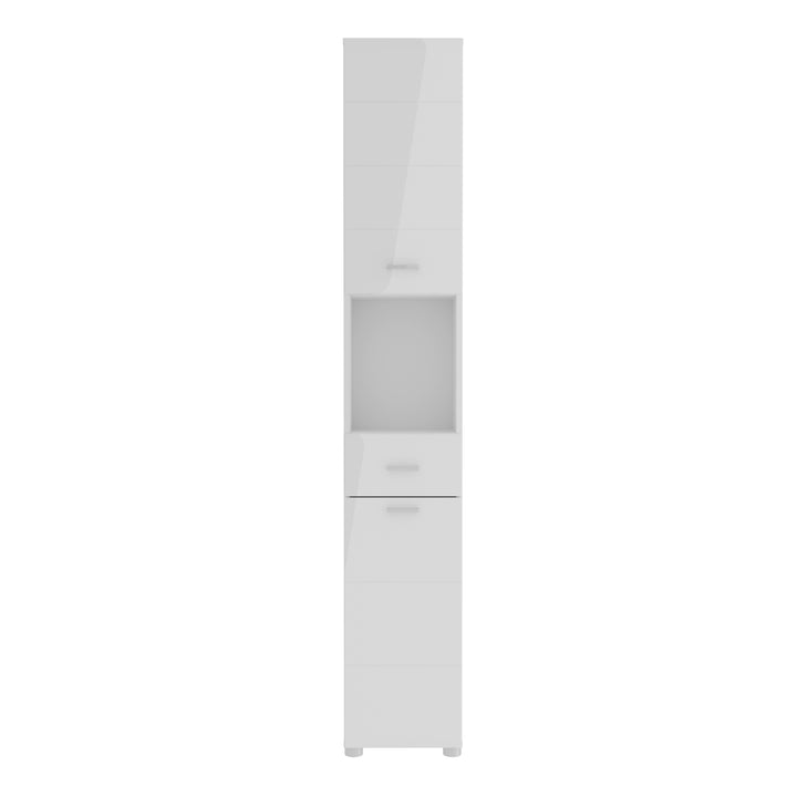 Ice Cave Narrow Bathroom Storage Cabinet with 2 Doors & 1 Drawer with Silver Handles in White with White High Gloss Fronts