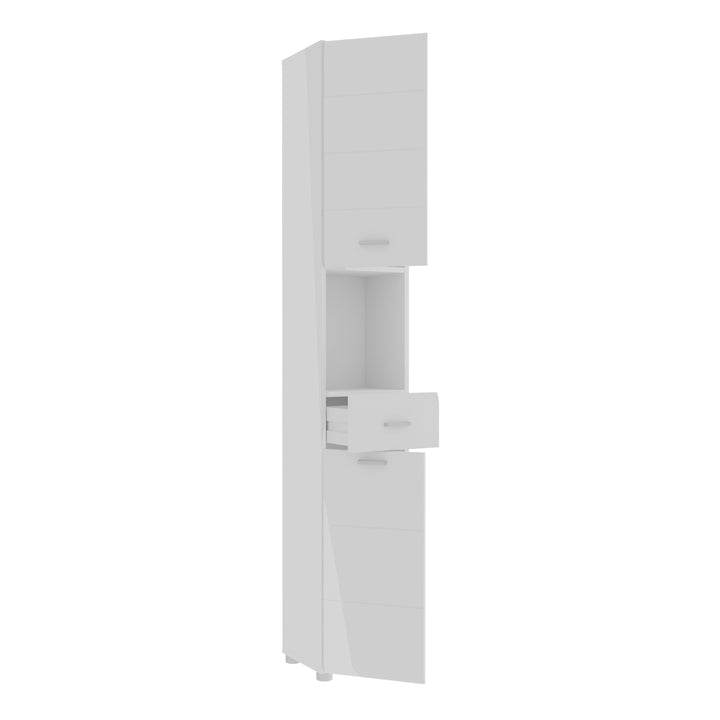Ice Cave Narrow Bathroom Storage Cabinet with 2 Doors & 1 Drawer with Silver Handles in White with White High Gloss Fronts