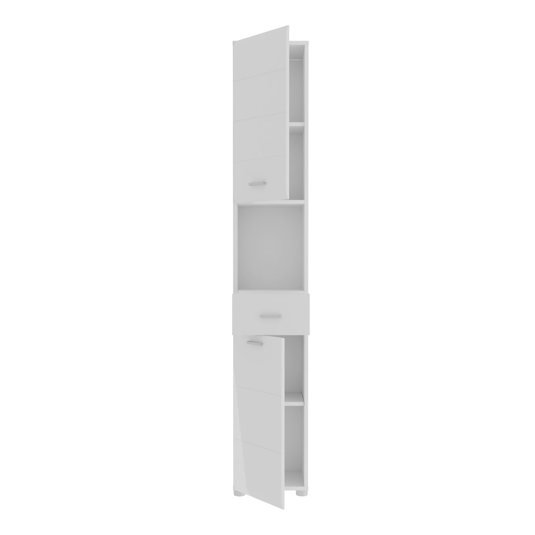 Ice Cave Narrow Bathroom Storage Cabinet with 2 Doors & 1 Drawer with Silver Handles in White with White High Gloss Fronts