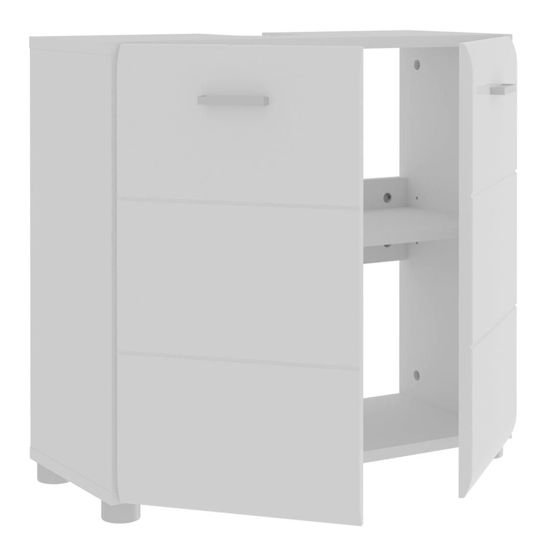 Ice Cave Under Sink Vanity Unit with 2 Doors & Silver Handles in White with White High Gloss Doors