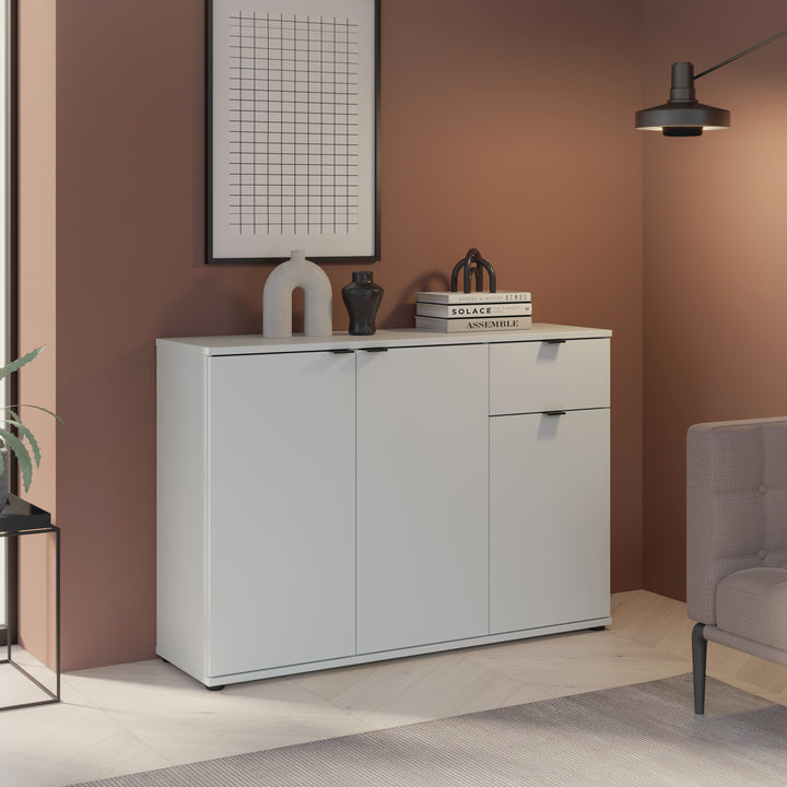 Ganymede Wide 3 Door Cupboard with Drawer in Light Grey
