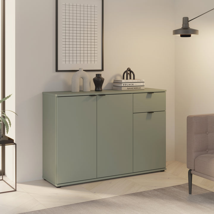 Ganymede Wide 3 Door Cupboard with Drawer in Sage Green