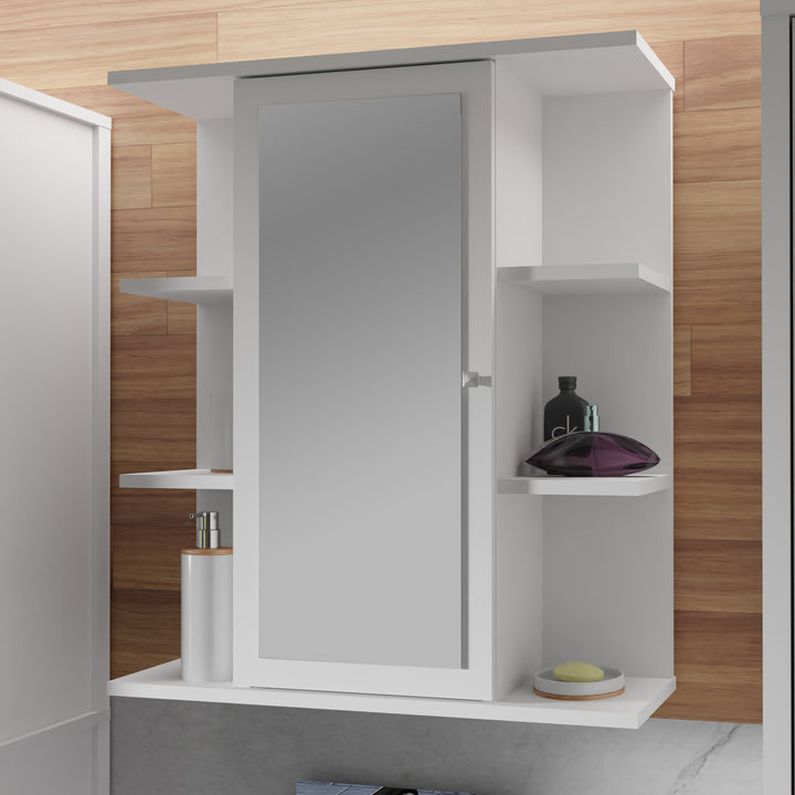 Ipsarion Hanging Cupboard with 1 Mirror Door, 6 Shelves & Silver Handle in White