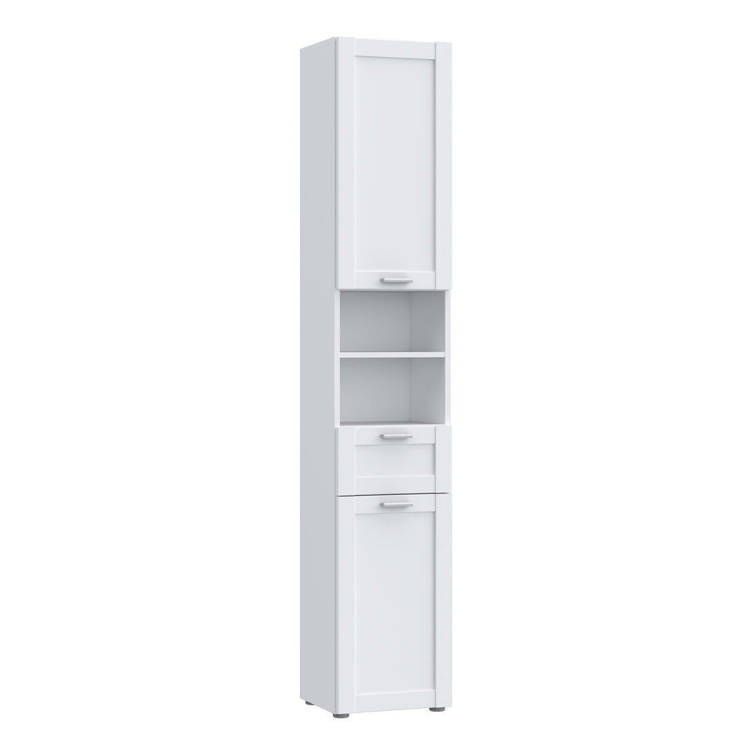 Lokko Tall Narrow Bathroom Cabinet with 2 Doors & 1 Drawer with Silver Handles in White